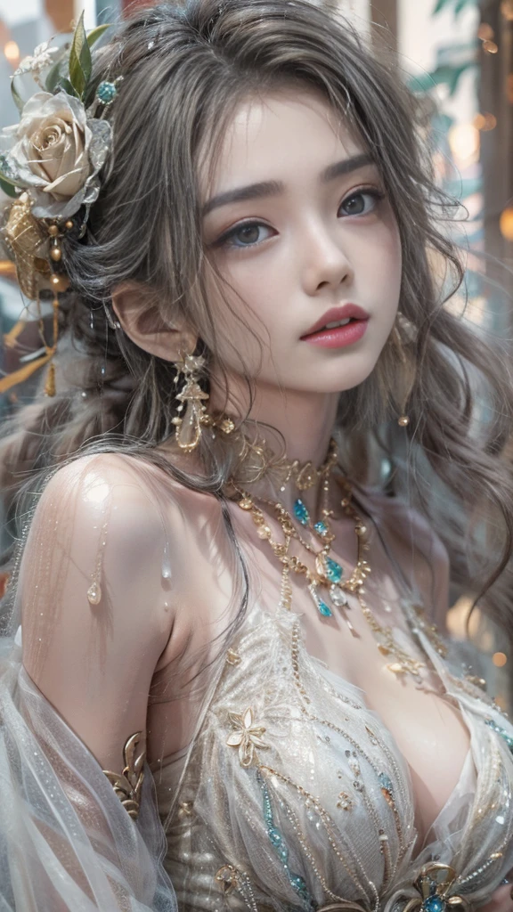 (RAW shooting, Majestic:1.3, 32k:1.5, highest quality, masterpiece, Ultra-high resolution), Perfect dynamic composition:1.3, (heavy snow, On the Cliff:0.7, Majestic背景:0.7, Expressions of sadness:0.9), 非常にDetailed肌と顔の質感:1.3, Wet slim woman:1.0, Random Shot, Fair skin:1.2, Mystical Expressions:1.0, Incredibly slim body:1.2, Fractal Art:1.1, Very beautiful face:1.1, Water droplets on the skin, (Rain drips down on my body:1.1, Wet body:1.1, Wet Hair:1.1), (Standing Pro:0.8, With a wet bouquet:0.9, Beautiful golden maxi dress portrait:1.0, Woven Belt), Shapely breasts, (Big eyes that exude beautiful eroticism:0.5, Lips that exude beautiful eroticism:0.5), Detailed, I love you, Very sweet atmosphere, necklace, Earrings, bracelet