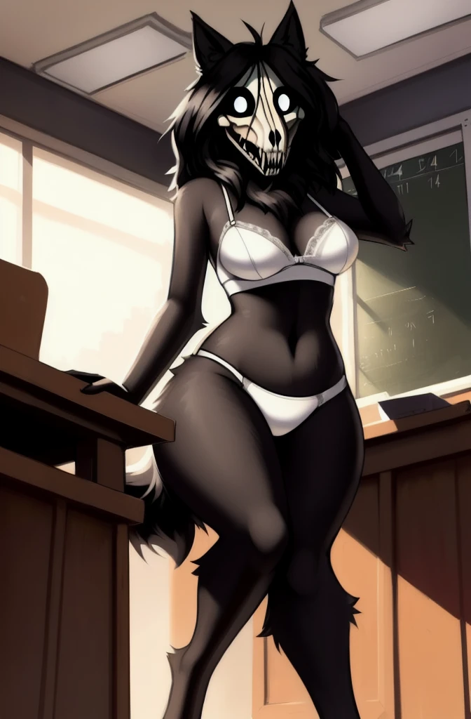 by Zackary911, kenket, kilinah, Zackary911, (((scp-1471, woman, breasts, antrum, extremely detailed, extremely detailed legs, extremely detailed arms, extremely detailed face, perfectly detailed eyes, perfectly detailed anatomy))): 1.2, solo, perspective, curved thighs, huge thighs, curvature, embarrassed angry face, (tail), totally blushed, nervous, looking at the viewer, white panties, white shirt, classroom, frontal view, day, black fur, happy, black body