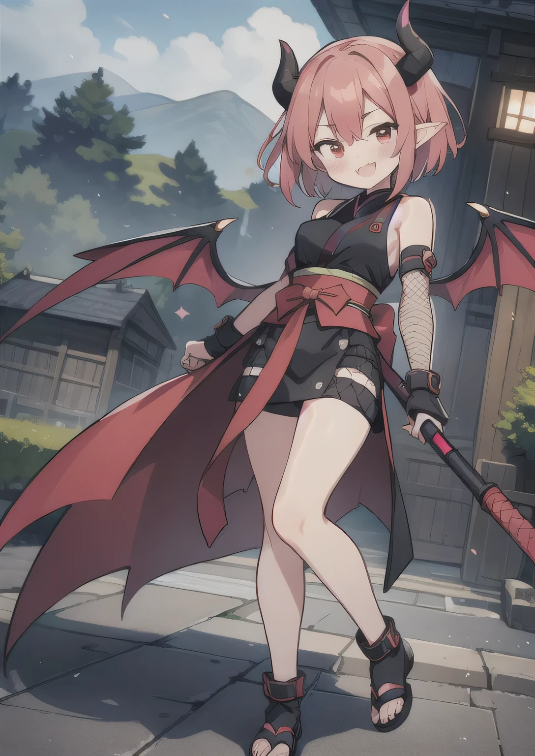 8K, 1girl, petit, adult, kawaii magical girl, crimson hair, short hair, red eyes, fang, bat wings, smile, (blush), (shy), pointed ears, looking at viewer, dynamic angle, wind, game cg, fantastic scenery, demon tail, thin tail, black horns, medium breast, show full body, ninja, ninja outfit, kunoichi, fishnet, sexy