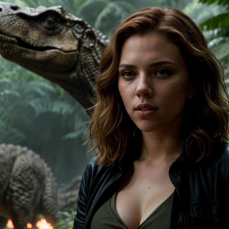 Scarlett Johansson as the formidable lead actress in Jurassic World, exudes a fierce and dominant demeanor in this high-quality, cinematic image. She stands tall and powerful, her intense gaze piercing the camera, with a hint of a smirk that suggests a quiet confidence. Her chestnut-brown hair, styled in loose waves, frames her face, complementing her deep-set, captivating eyes.
The focus is on Scarlett, centered in the frame, with soft volumetric lighting that adds depth to the picture. The setting is the chaotic world of Jurassic Park, with prehistoric elements subtly visible in the background. Scarlett is