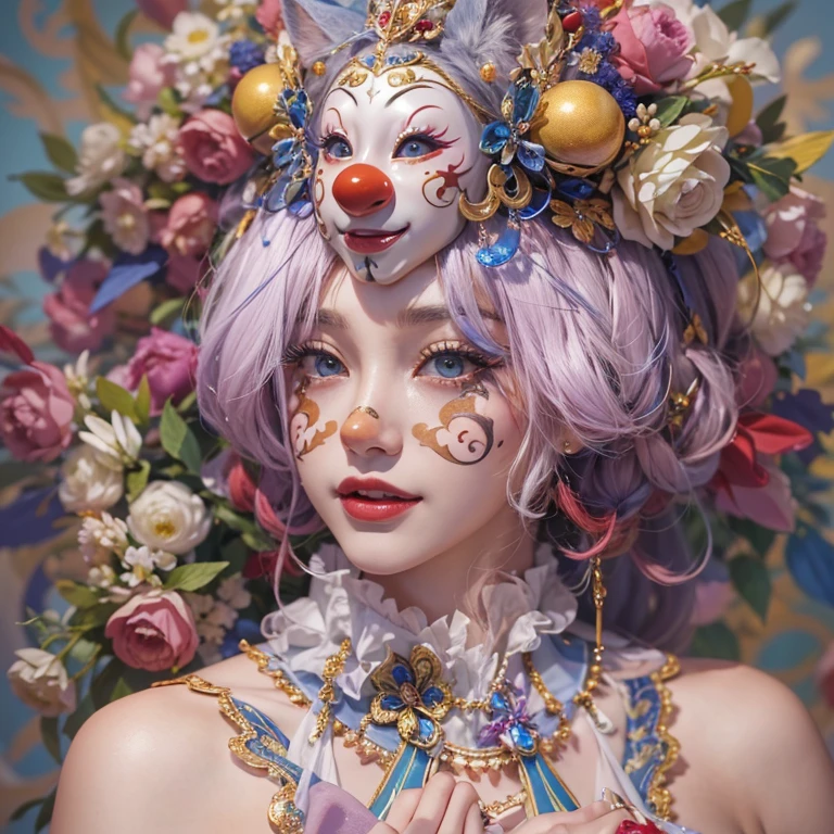 Hiding at the masquerade、Hair flow、 ((highest quality、masterpiece、8k、Best image quality、Ultra-high resolution、Award-winning works)、(Accurate anatomy:1.1)、(Look at me and smile:1.1)、Shining fair skin with Ultra-high resolution、The most detailed face、Ultra-high resolution detailed face、Ultra-high resolutionの髪の毛、(Ultra-high resolutionの煌めく瞳:1.1)、Beautiful face drawn in every detail、Cheerful clown costume, Chest to chest, tattoo,Venetian mask on her face, Realistic Photographic Images