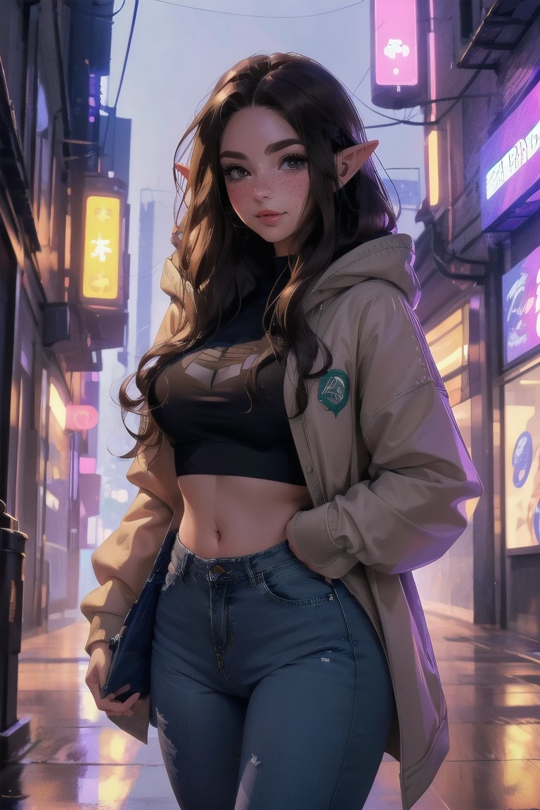 (elf girl), master piece, blushing, freckles, wide hips, slim waist, thick thighs, masterpiece, best quality, sfw, mature 36 year old woman, brown hair, moist face, wavy hair, mouth open, shiny. lips, beutiful round eyes, cyberpunk background, Waist high jeans, tight jeans, tall skyscraper background, bladerunner background, large hoodie, thick hoodie, Beautiful face, perfect face, deep eyes, elf ears, excited, happy, smiling, cropped hoodie