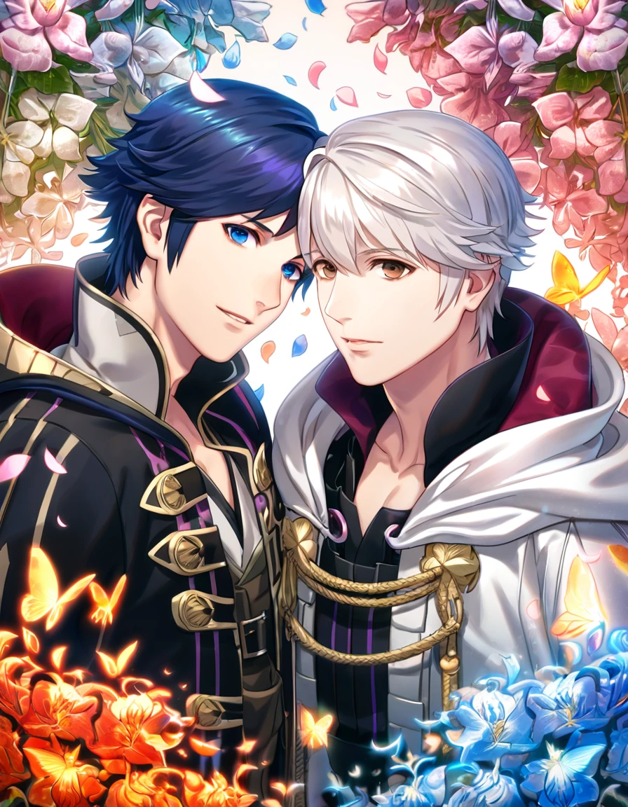 (absurdres, highres, ultra detailed, HDR) master piece, best quality, perfect face, delicated features, Robin, white hair, short hair, expressive brown eyes, Fire emblem awakening, Chrom, dark blue hair, expressive blue eyes, two men together, gay couple, yaoi, handsome, black clothes, white cape, magical, petals, flowers, butterflies