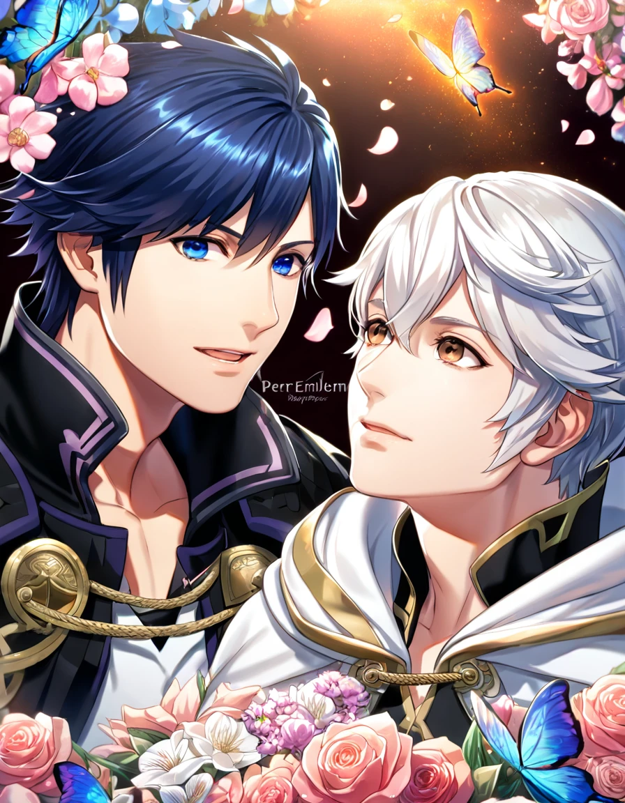 (absurdres, highres, ultra detailed, HDR) master piece, best quality, perfect face, delicated features, Robin, white hair, short hair, expressive brown eyes, Fire emblem awakening, Chrom, dark blue hair, expressive blue eyes, two men together, gay couple, yaoi, handsome, black clothes, white cape, magical, petals, flowers, butterflies