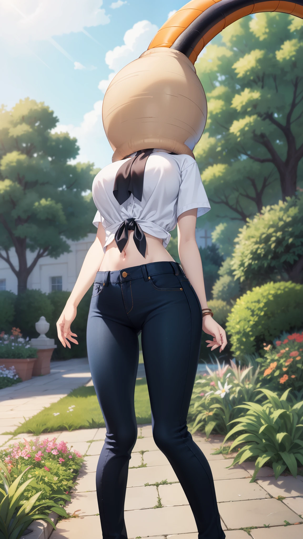 1girl, natural lighting, masterpiece, highly detailed, illustration, game CG, absurdres, high quality, aichan, large breasts, garden, standing, from below, tied shirt, midriff, jeans, (cell vore), (tail vore:1.3)