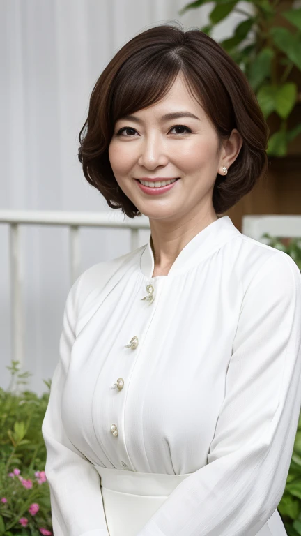 最high quality, 8k, Vibrant, Sharp focus, high quality, High resolution, Middle-aged women, Mature Woman, 55 years old, (Whole Body Ezbian), (High heels facial detail, Highly detailed eyes, Plump figure、Plump face、((big 1.6))、(((Large Breasts)))、((White clothes))、garden、Random Hairstyles、Cute Smile、


