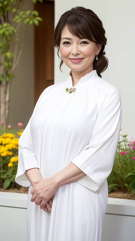 最high quality, 8k, Vibrant, Sharp focus, high quality, High resolution, elegant、Beautiful woman, Mature Woman, 55 years old, Highly detailed eyes, Plump figure、Small face、、((((Large Breasts))))、((Floral clothes))、garden、Random Hairstyles、Cute Smile、To the bottom of your feet