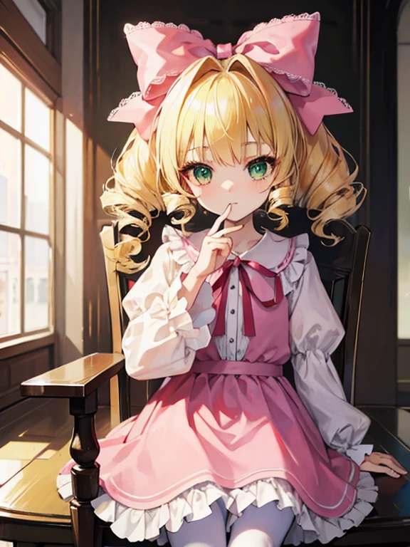 masterpiece, highest quality, Very detailed, 16k, Ultra-high resolution, Cowboy Shot, One ***************, Detailed face, Perfect Fingers, Blonde, hair bow, ribbon, drill hair, green eyes, short hair, pink dress,white bloomers, white pantyhose, hinaichigo, Western-style building, table, Sit on a chair, Eat cake