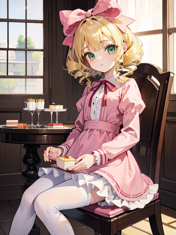 masterpiece, highest quality, Very detailed, 16k, Ultra-high resolution, Cowboy Shot, One 9-year-old girl, Detailed face, Perfect Fingers, Blonde, hair bow, ribbon, drill hair, green eyes, short hair, pink dress,white bloomers, white pantyhose, hinaichigo, Western-style building, table, Sit on a chair, Eat cake