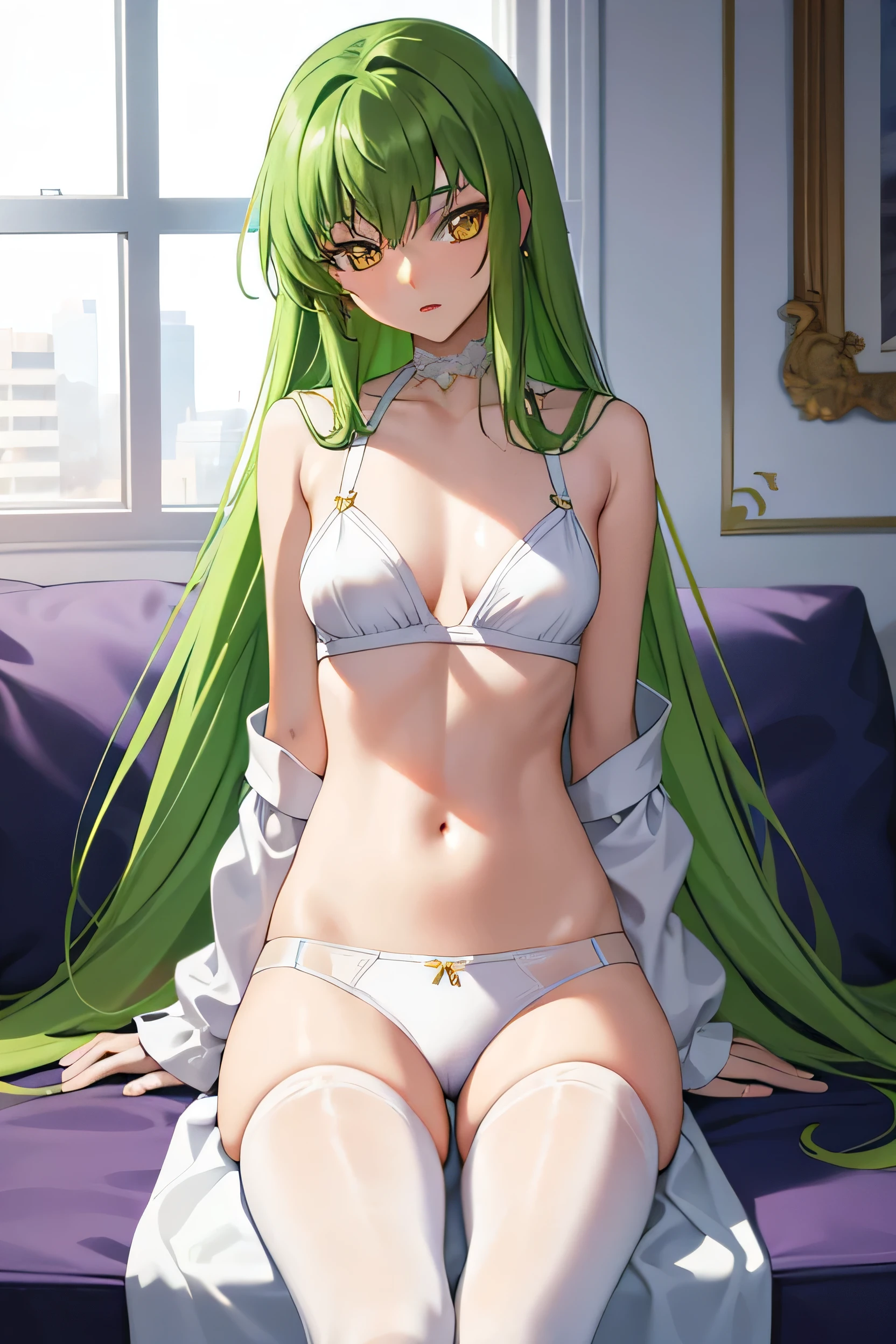 Code Geass C.c., One girl, Green Hair, mini skirt, Long Hair, Medium chest, whole body, View Viewer, alone, thigh, white thighhighs, Yellow Eyes, Sitting, Excellent anatomy, Good artist, masterpiece, Undressing, Change of clothes, Open clothes, Undressing, White bra, Pure White Panties, window, Medium chest, sunlight, Lips parted, Backlight,
