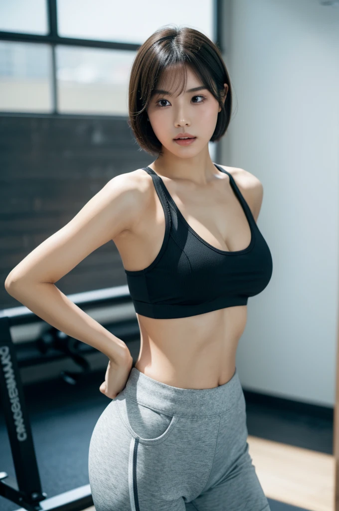 best quality, 8k, highly detailed face and skin texture, high resolution, big tits short hair japanese girl in sports bra and yoga pants at gym, full body, sharp focus
