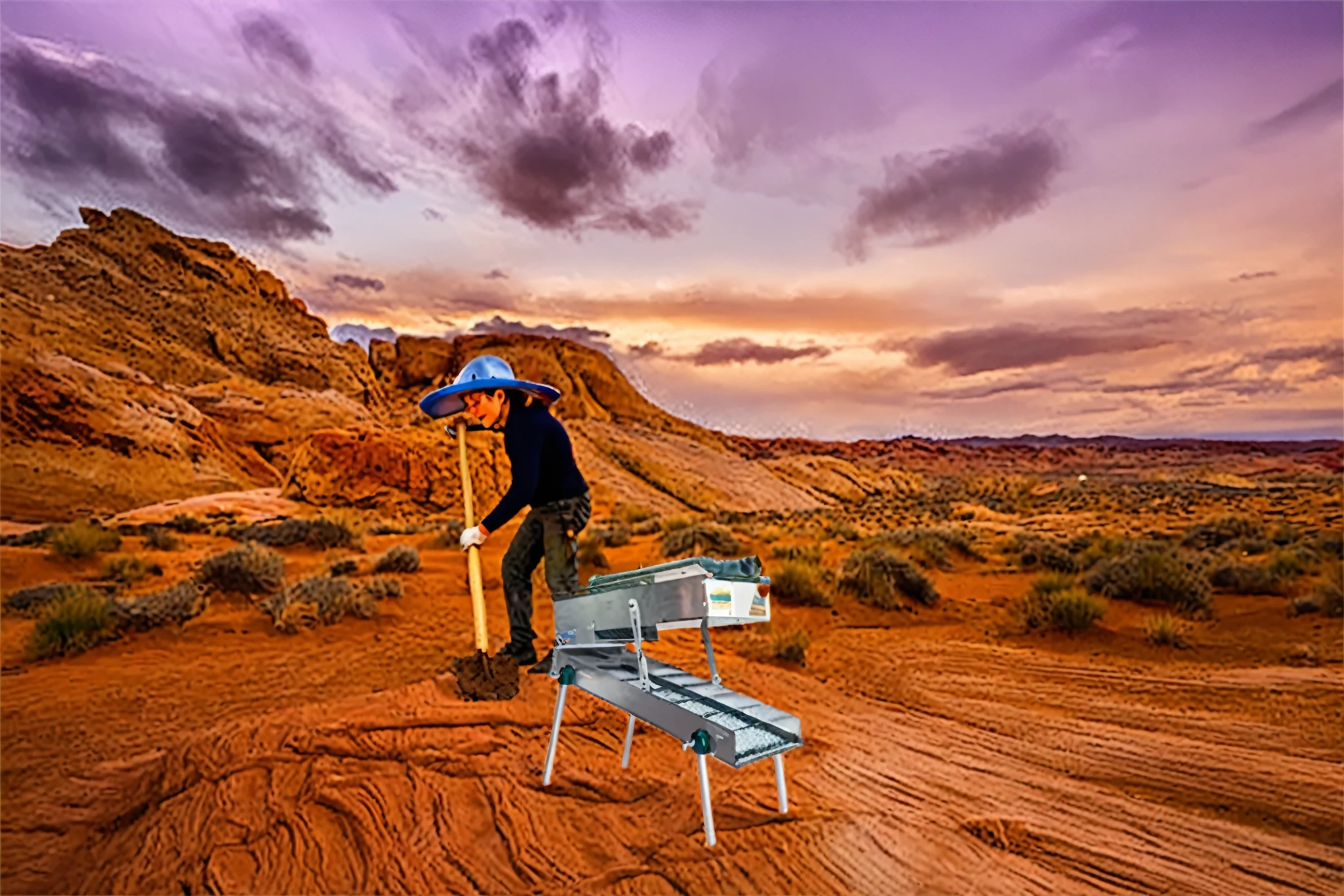 A person using a highbanker to dig in the desert sand, finding treasures and gold nuggets, surrounded by arid landscapes, shimmering heat, and dusty wind. The highbanker is made of sturdy metal and features advanced machinery for efficient soil extraction. The person is wearing protective gear, including a hat, gloves, and goggles, to shield themselves from the harsh desert conditions. The scene is bathed in warm, golden sunlight, casting long shadows on the desert floor. The sand in the highbanker flows smoothly, separating the heavier materials, revealing glimmers of precious minerals. The person's excitement and determination are palpable as they carefully sift through the sifted soil, eagerly searching for the next valuable discovery. The overall image quality is top-notch, with 4K resolution and ultra-detailed rendering, ensuring every grain of sand and glint of gold is meticulously captured. The artistic style leans towards realistic photography, capturing the rugged beauty of the desert and the thrill of the treasure hunt. The color palette includes warm earth tones, with hints of gold and shimmering highlights. The lighting enhances the contrast between light and shadow, adding depth and drama to the scene.