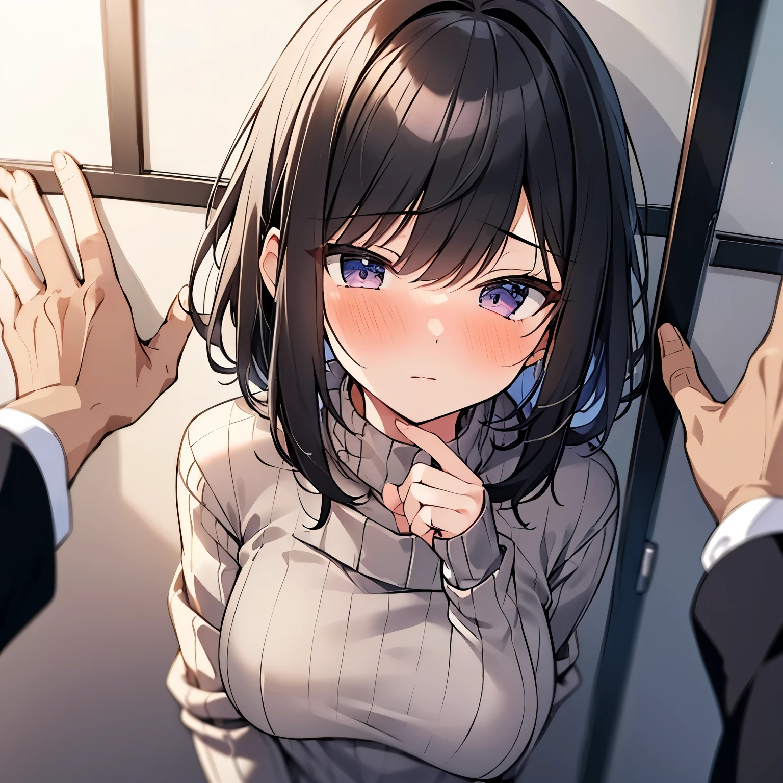 Masterpiece, Top quality,1 beautiful girl, solo, 1girl and 1 boy, (kabedon pov :1.1), black hair, short hair, wave hair,15 year old, medium breasts, standard weight,  (sweater:1.3), blush :1.1, incoming kiss, blurry background, sunset, from above:1.3, close up of face:1.5,