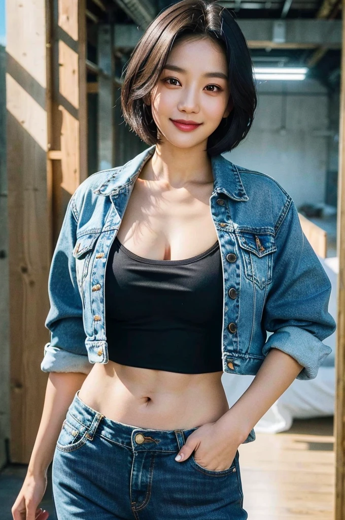 (Forehead, Black bikini, Short jean jacket, No pants, Abs, midriff, scowling, Short hair, Black hair, eyes liner:1.3), (Masterpiece, Best quality, Beautiful quality), (Photorealistic:1.4), (Detailed lighting, Extremely detailed skin, Extremely detailed hair, Shadows, 8K, Photo of Chacho, 1girll:1.2), view the viewer, (high key lighting), Masterpiece, Top quality, Best quality, offcial art, Unity 8k wallpaper, A high resolution, Ultra-high RES, Ultra-detailed, Beautiful and aesthetic，Smile，beam of light