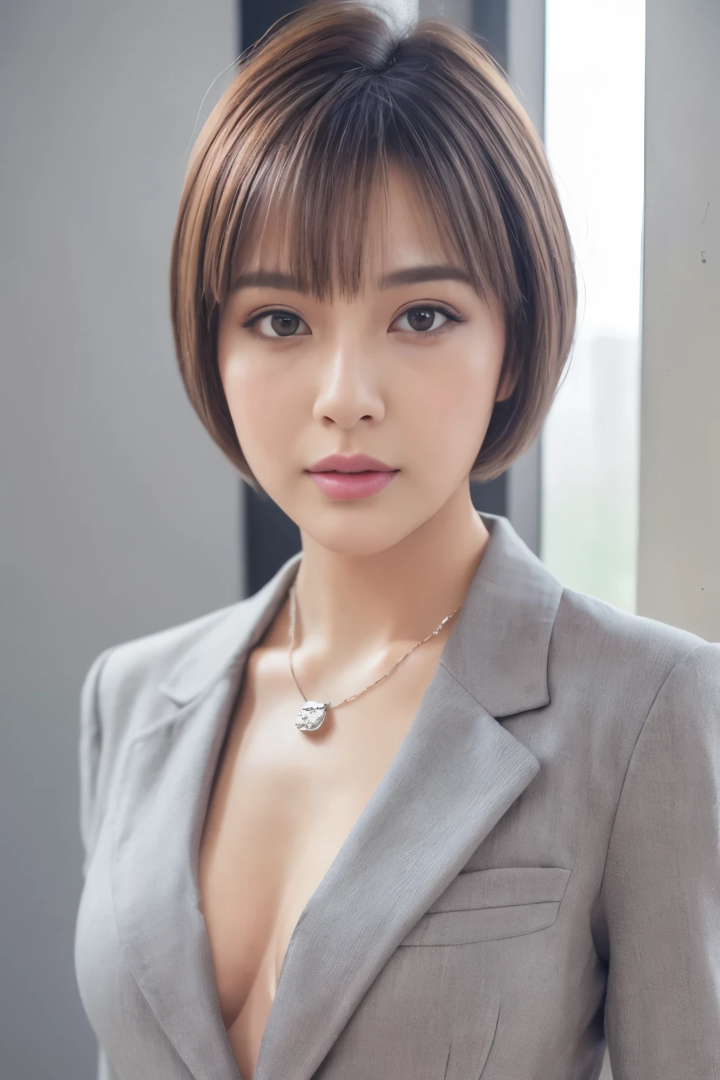 masterpiece, highest quality,One girl,Realistic,30 years old, ((Grey suit)), Wear a shirt, short hair, necklace, Ultra-realistic, eye shadow, eyeliner, Realistic eyes, (View your viewers), Detailed face, Sexy Looks, Pink Lips, Even Tone, Use natural light and color