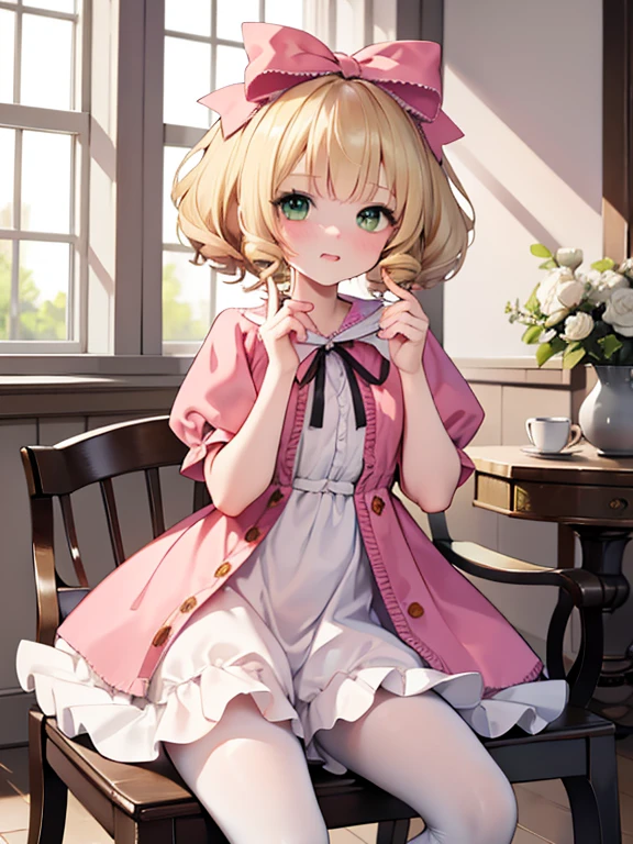 masterpiece, highest quality, Very detailed, 16k, Ultra-high resolution, Cowboy Shot, One ***************, Detailed face, Perfect Fingers, Blonde, hair bow, ribbon, drill hair, green eyes, short hair, pink dress,white bloomers, white pantyhose, hinaichigo, Western-style building, table, Sit on a chair, Eat cake