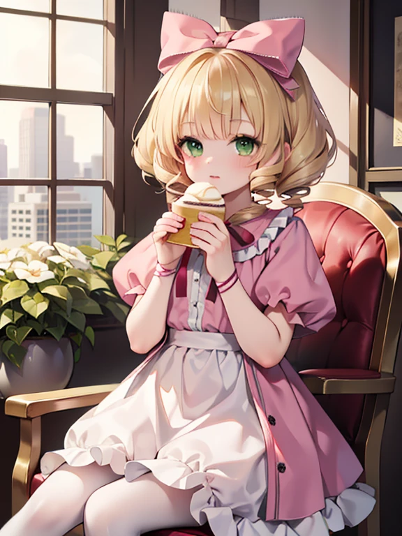 masterpiece, highest quality, Very detailed, 16k, Ultra-high resolution, Cowboy Shot, One 9-year-old girl, Detailed face, Perfect Fingers, Blonde, hair bow, ribbon, drill hair, green eyes, short hair, pink dress,white bloomers, white pantyhose, hinaichigo, Western-style building, table, Sit on a chair, Eat cake