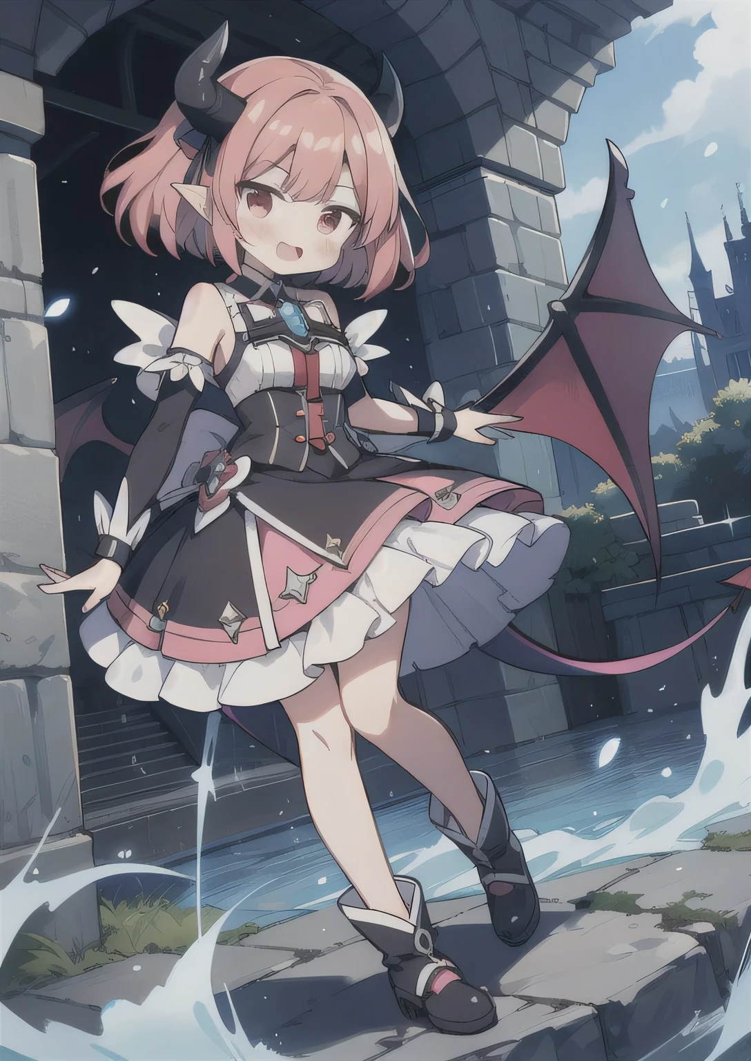 8K,  1girl, petit, adult, kawaii magical girl, crimson hair, short hair, red eyes, fang, bat wings, smile, (blush), (shy), pointed ears, looking at viewer,  dynamic angle, wind, game cg, fantastic scenery, demon tail, thin tail, black horns, medium breast, show full body, magical girl, dungeons, summon, maho shojo, Gushing Over Magical Girls, magicalgirl, mohoshoujo, Mahou Shoujo Artelion, Aietsu ni Oboreru Shitei, sexy