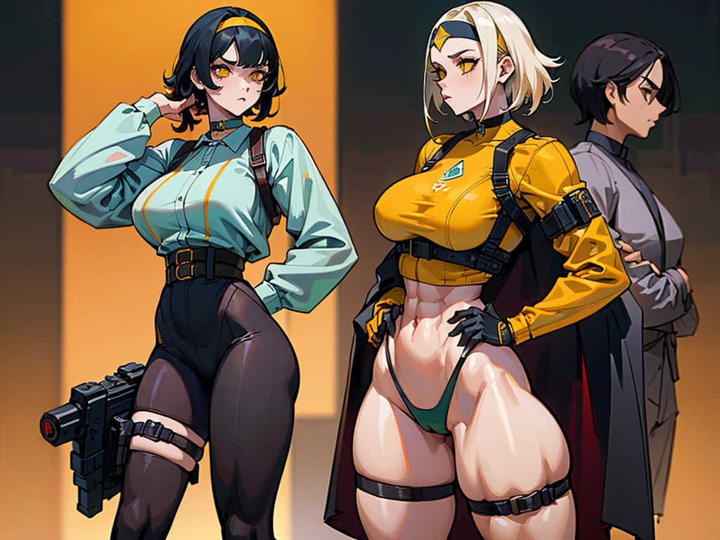 (((Cabelo longo))) black hair yellow eyes pale skin muscular girl huge breasts jacket, holster, gun holster, bondage gear, choker, headband, pantyhose, two-tone harness, Ampla abertura, Baixo ISO, white balance, rule of thirds, 8K CRU,