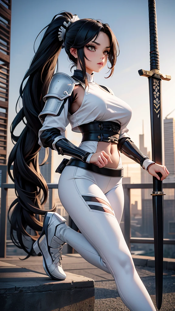 Black long haired woman, Ponytail, Chest, cleveage, White leggings, White sci-fi armor, High heel, Samurai sword, apocalyptic ruined city