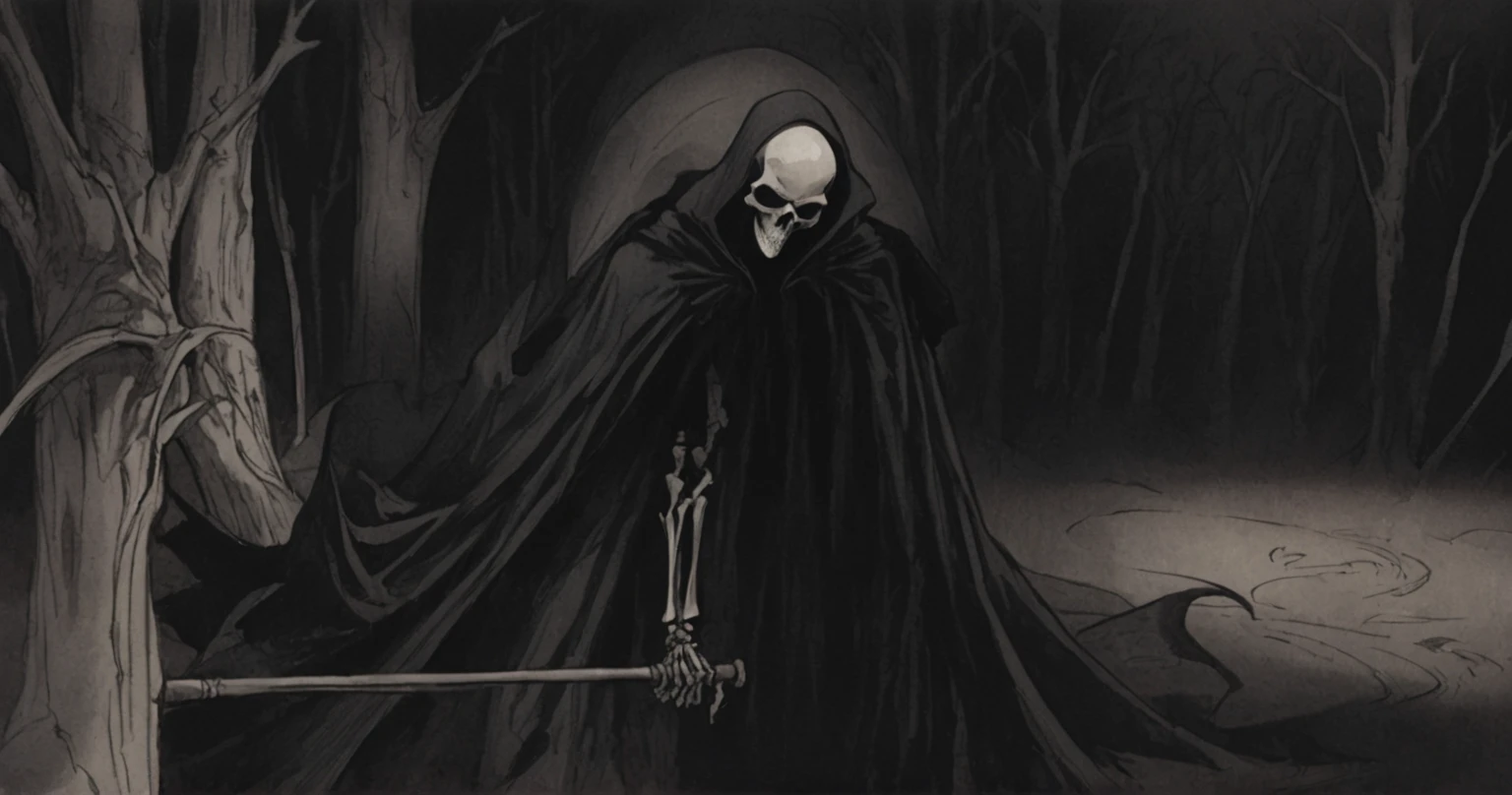 Grim Reaper, scythe, darkness, Black, blackout, black tones, black hues, black color scale, emerging from darkness, Grim Reaper plague doctor, unsettling, hand drawn, realism, rotoscope, cinematic, strange, figure that represents death, often depicted as a skeleton in a black cloak and hood, carrying a scythe. subliminal hourglass homage
