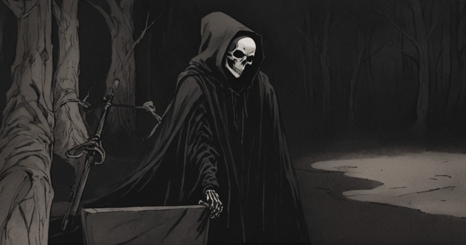 Grim Reaper, scythe, darkness, Black, blackout, black tones, black hues, black color scale, emerging from darkness, Grim Reaper plague doctor, unsettling, hand drawn, realism, rotoscope, cinematic, strange, figure that represents death, often depicted as a skeleton in a black cloak and hood, carrying a scythe. subliminal hourglass homage
