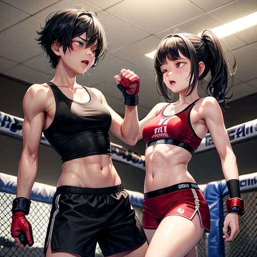 two persons. Drenched in sweat and covered in bruises, she is in a mixed martial arts ring against a female fighter. her opponent strong female fighter's fist is hitting her poor belly. One eye closed and mouth open, she is gasping for breath and drooling. She is a cute Japanese high school girl with short-cut black hair. She is wearing a sports bra, high-leg shorts, and open-finger gloves. Small breasts, poor belly, slender body, poor body.