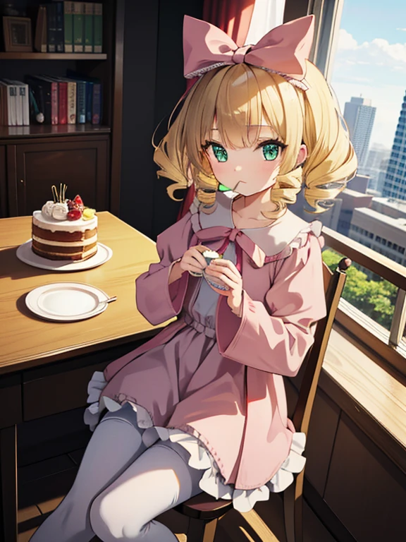 masterpiece, highest quality, Very detailed, 16k, Ultra-high resolution, Cowboy Shot, One 9-year-old girl, Detailed face, Perfect Fingers, Blonde, hair bow, ribbon, drill hair, green eyes, short hair, pink dress,white bloomers, white pantyhose, hinaichigo, Western-style building, table, Sit on a chair, Eat cake