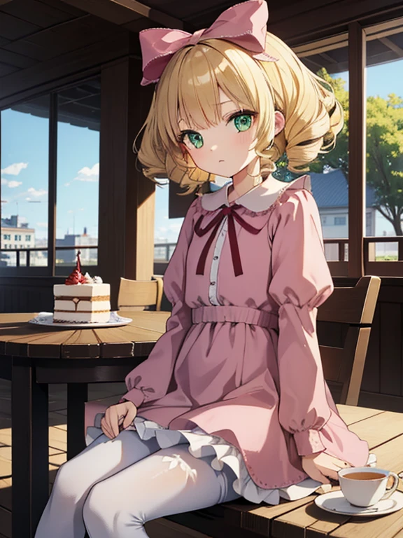 masterpiece, highest quality, Very detailed, 16k, Ultra-high resolution, Cowboy Shot, One ***************, Detailed face, Perfect Fingers, Blonde, hair bow, ribbon, drill hair, green eyes, short hair, pink dress,white bloomers, white pantyhose, hinaichigo, Western-style building, table, Sit on a chair, Eat cake