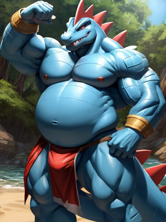 Pokemon Feraligatr, body builder, huge gut, arms crossedd, loin cloth, ,