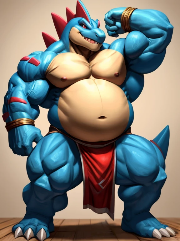  Pokemon Feraligatr, body builder, huge  gut, arms crossedd, loin cloth, , 