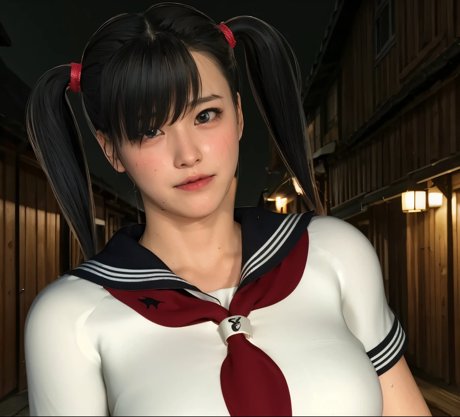 ((sad、Frightened expression))、((Sweaty、Blushing'cheek、Sweaty skin))、(8k, highest quality, masterpiece:1.2), (Realistic, photo-Realistic:1.37), Very detailed,highest quality, Ultra-high resolution, Professional Lighting, Photon Mapping, Radio City, Physically Based Rendering, Cinema Lighting, Midnight Road,Depth of the written border, Sharp focus,moonlight, Good composition,1 girl,alone,(whole body), (whole body),Beautiful and beautiful eyes,((Red eyes、I'I'm afraid of something))、 Pause, Tight waist,Japanese , Black Hair,Messy Hair,Long hair blowing in the wind,((Navy blue socks))、(Ulzzang-6500:1.2)、 Mix 4,