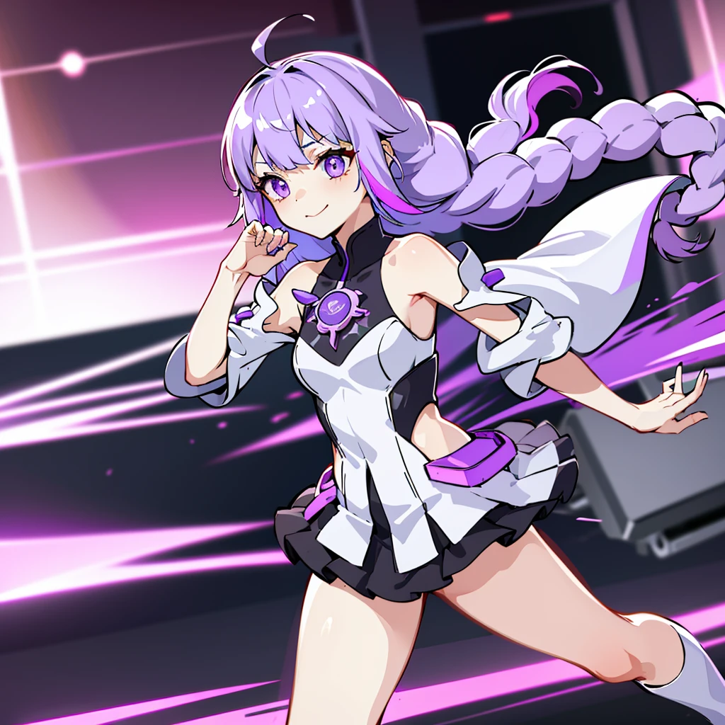 Inji、1 girl、solo、Purple Eyes、Long Hair、Twin braids、Purple Hair、Multicolored Hair、Elbow Handbags、bangs、非常にLong Hair、Bare shoulders、Black Skirt、Gray Hair、dress、smile、Side cut-outs、Covered navel、Cut out the side、highest quality、Masterpiece、Official Art、16K、Super detailedな目、Super detailed、The best composition、Award-winning works、cyber punk、Vehicles of the Future、The speed of the vehicle、Purple light afterimage after running、