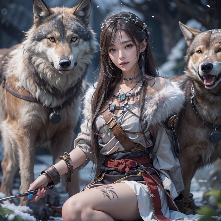 Hiding in the snowy mountains、Hair flow、 ((highest quality、masterpiece、8k、Best image quality、Ultra-high resolution、Award-winning works)、(Accurate anatomy:1.1)、(Look at me and smile:1.1)、Shining fair skin with Ultra-high resolution、The most detailed face、Ultra-high resolution detailed face、Ultra-high resolutionの髪の毛、(Ultra-high resolutionの煌めく瞳:1.1)、Beautiful face drawn in every detail、Ancient Viking clothing, Chest to chest, tattoo, Old ruins in the background、Besides real wolves