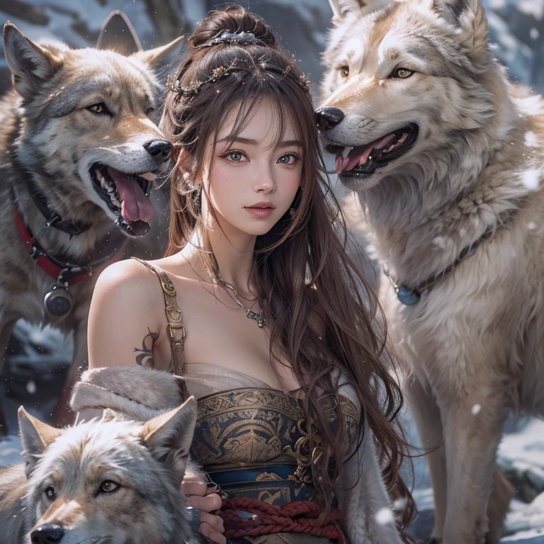 Hiding in the snowy mountains、Hair flow、 ((highest quality、masterpiece、8k、Best image quality、Ultra-high resolution、Award-winning works)、(Accurate anatomy:1.1)、(Look at me and smile:1.1)、Shining fair skin with Ultra-high resolution、The most detailed face、Ultra-high resolution detailed face、Ultra-high resolutionの髪の毛、(Ultra-high resolutionの煌めく瞳:1.1)、Beautiful face drawn in every detail、Ancient Viking clothing, Chest to chest, tattoo, Old ruins in the background、Besides real wolves