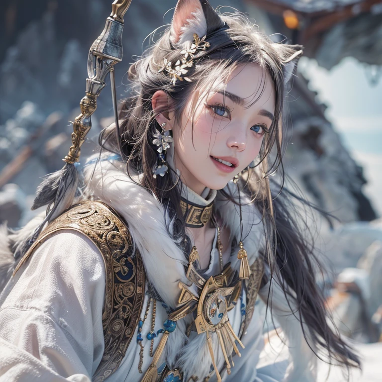 Hiding in the snowy mountains、Hair flow、 ((highest quality、masterpiece、8k、Best image quality、Ultra-high resolution、Award-winning works)、(Accurate anatomy:1.1)、(Look at me and smile:1.1)、Shining fair skin with Ultra-high resolution、The most detailed face、Ultra-high resolution detailed face、Ultra-high resolutionの髪の毛、(Ultra-high resolutionの煌めく瞳:1.1)、Beautiful face drawn in every detail、(Blurred Background:1.1)、Ancient Inuit clothing, Chest to chest, tattoo, Old ruins in the background、Besides real wolves