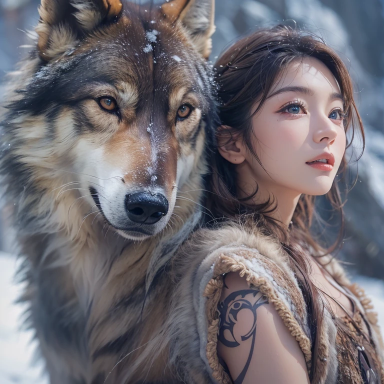 Hiding in the snowy mountains、Hair flow、 ((highest quality、masterpiece、8k、Best image quality、Ultra-high resolution、Award-winning works)、(Accurate anatomy:1.1)、(Look at me and smile:1.1)、Shining fair skin with Ultra-high resolution、The most detailed face、Ultra-high resolution detailed face、Ultra-high resolutionの髪の毛、(Ultra-high resolutionの煌めく瞳:1.1)、Beautiful face drawn in every detail、(Blurred Background:1.1)、Ancient Inuit clothing, Chest to chest, tattoo, Old ruins in the background、Besides real wolves