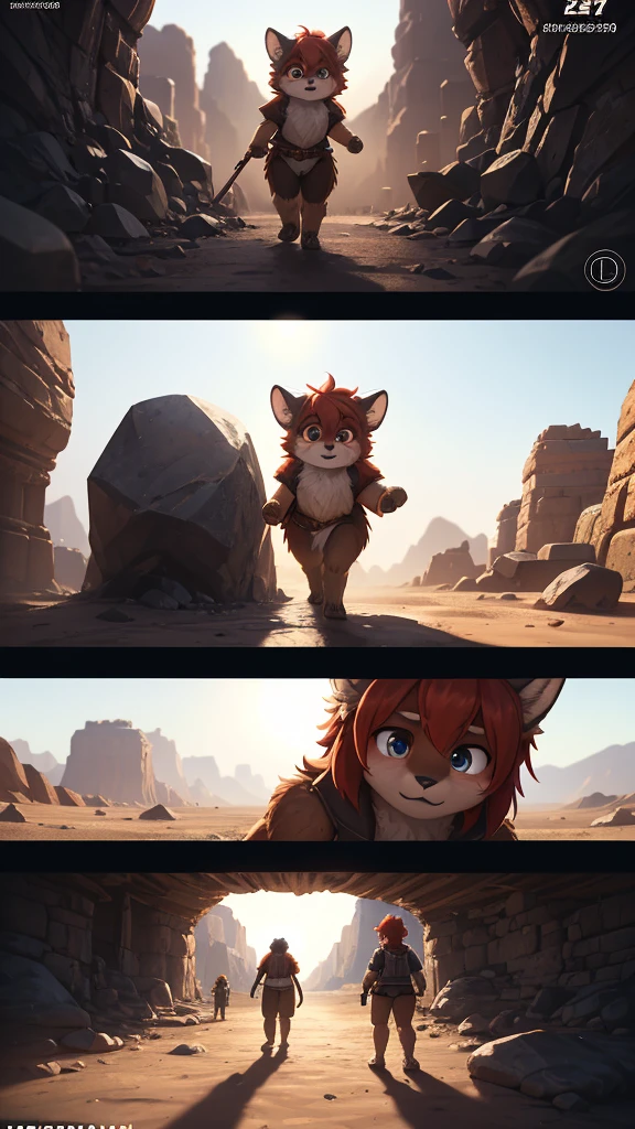 Unrealistic Perspective , dynamic angle , Rule of thirds , Bokeh  , dynamic model action , realistic hairy fur , round face , moist round eyes , Swollen cheeks , hair ties , Short stature , accidents , Two people walking in the desert near a large rock, Unreal Engine 5 Showcase, Anamorphic 24mm Lens, Inspired by Sanford Robinson Gifford, Gameplay screenshots, Music video stills, Sylvain Sarrail and Igor Morsky, interior Gameplay screenshots, 2019, TV Screenshot