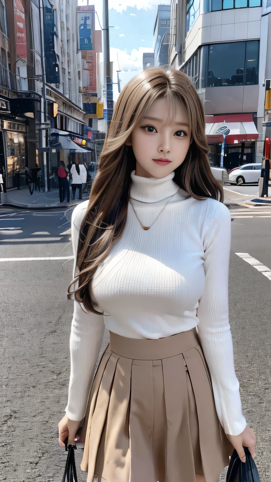 ((Realistic Light、highest quality、8,000、masterpiece: 1.3))、She has a very small face、Slender Beauty: 1.4、、(Light brown hair blowing in the wind、Very large breasts: 1.4)、(Daily Lookbook: 1.3)、Highly detailed face、Fine grain、double eyelid、Laughter、necklace、(Beautiful streets in a beautiful city:1.5)、(Daily Skirt:1.5)、(Perfect body beauty:1.4)、((Glowing Skin:1.3) )、((Ergonomics:1.3))、Highly detailed face and skin texture、Fine grain、double eyelid、(Layered Hairstyles)、