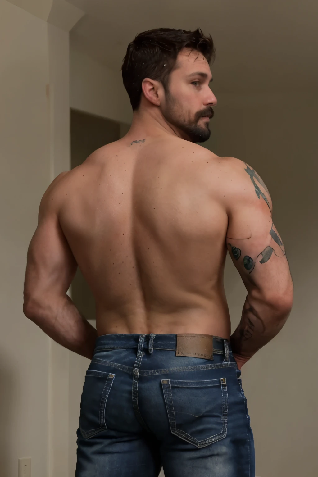 JordanBrandt, 45yo, short mustache and beard, wearing jeans, shirtless, backside