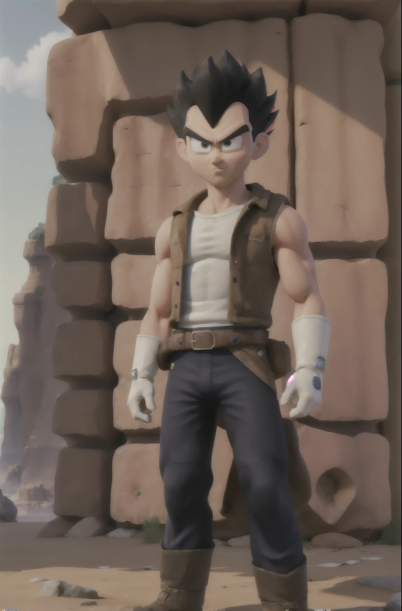 (masterpiece, best quality:1.2), cowboy shot, solo, male focus, 1boy, vegeta, serious, looking at viewer, black spiked hair, black eyes, armor, white gloves