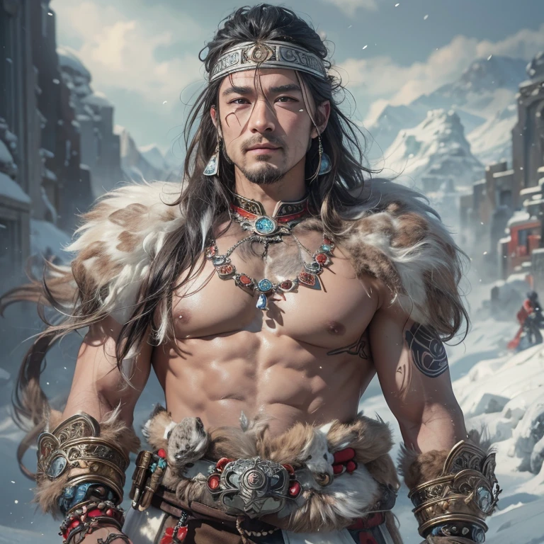 Hiding in the snowy mountains、Hair flow、 ((highest quality、masterpiece、8k、Best image quality、Ultra-high resolution、Award-winning works)、(Accurate anatomy:1.1)、(Look at me and smile:1.1)、Shining fair skin with Ultra-high resolution、The most detailed face、Ultra-high resolution detailed face、Ultra-high resolutionの髪の毛、(Ultra-high resolutionの煌めく瞳:1.1)、Beautiful face drawn in every detail、(Blurred Background:1.1)、Ancient Inuit clothing, Chest to chest, tattoo, Old ruins in the background、He is huge, A real hawk on his shoulder.. 