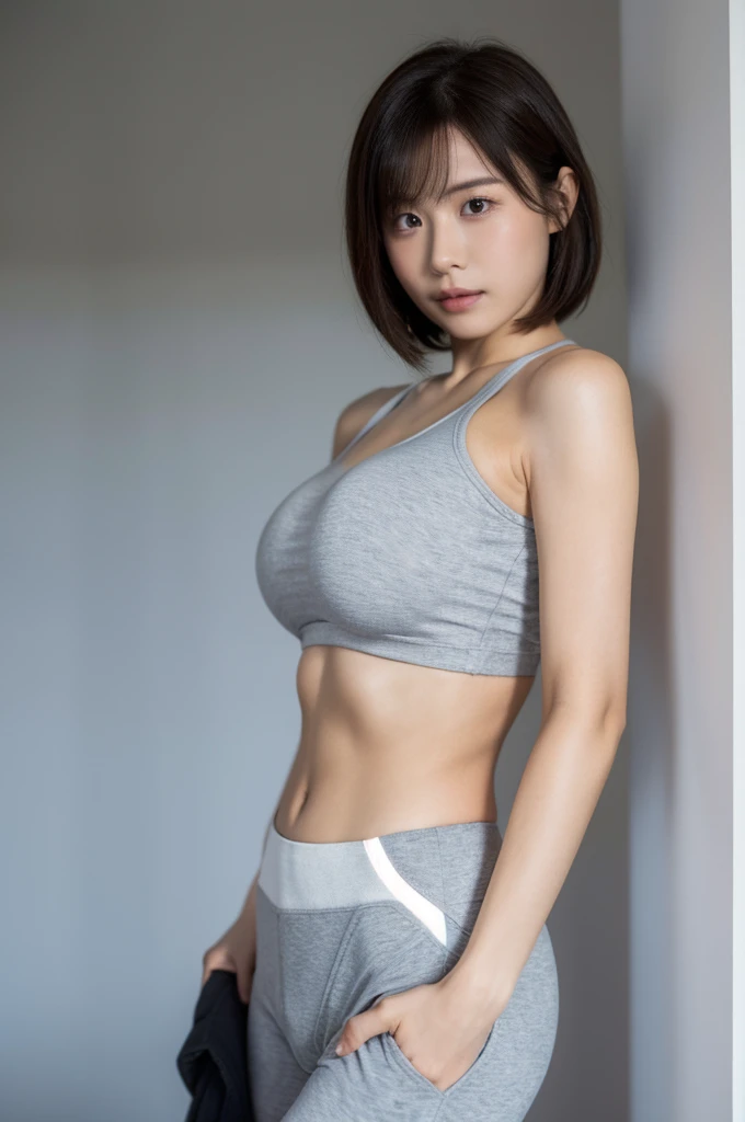 best quality, 8k, highly detailed face and skin texture, high resolution, big tits short hair japanese girl in sports bra and yoga pants at gym, full body, sharp focus