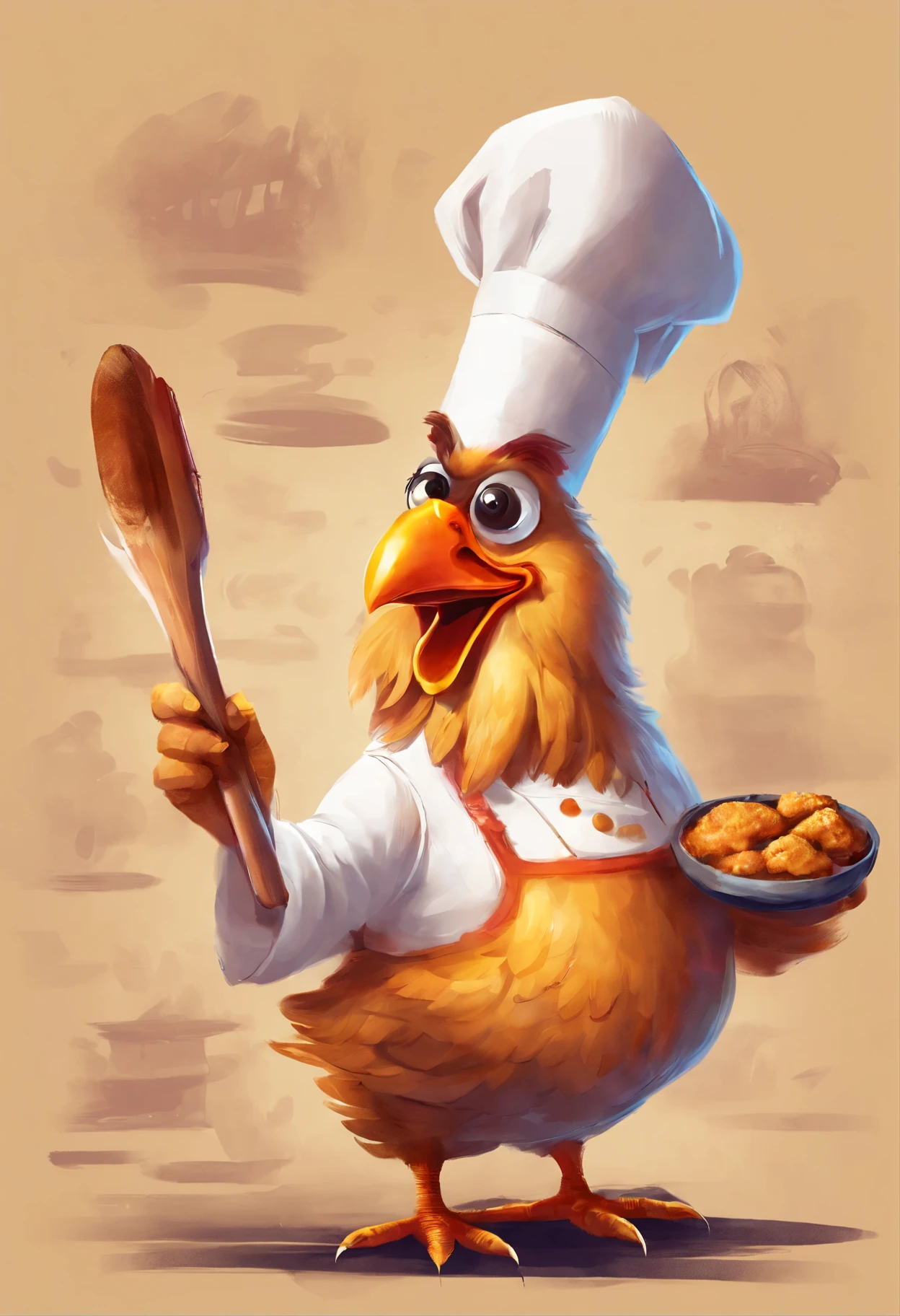 Happy cute big eyes fat chicken chef,Hand holding chicken drumstick