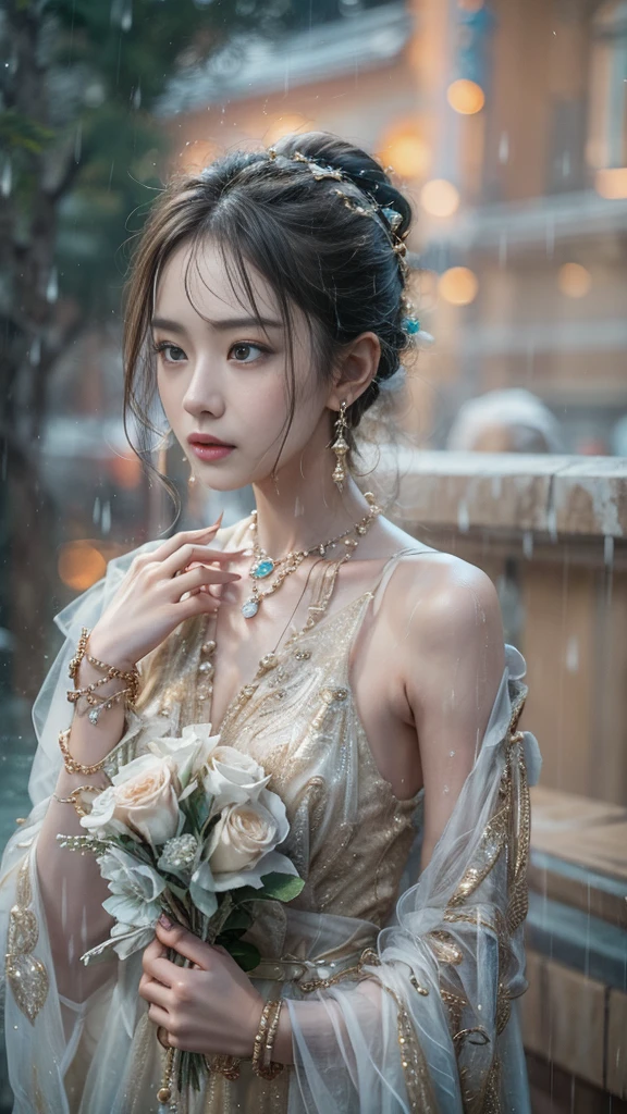 (RAW shooting, Majestic:1.3, 32k:1.5, highest quality, masterpiece, Ultra-high resolution), Perfect dynamic composition:1.3, (heavy snow, On the Cliff:0.7, Majestic背景:0.7, Expressions of sadness:0.9), 非常にDetailed肌と顔の質感:1.3, Wet slim woman:1.0, Random Shot, Fair skin:1.2, Mystical Expressions:1.0, Incredibly slim body:1.2, Fractal Art:1.1, Very beautiful face:1.1, Water droplets on the skin, Detailed, (Rain drips down on my body:1.1, Wet body:1.1, Wet Hair:1.1), (Standing Pro:0.8, With a wet bouquet:0.9, Beautiful golden maxi dress portrait:1.0, Woven Belt), Shapely breasts, (Big eyes that exude beautiful eroticism:0.5, Lips that exude beautiful eroticism:0.5), I love you, Very sweet atmosphere, necklace, Earrings, bracelet
