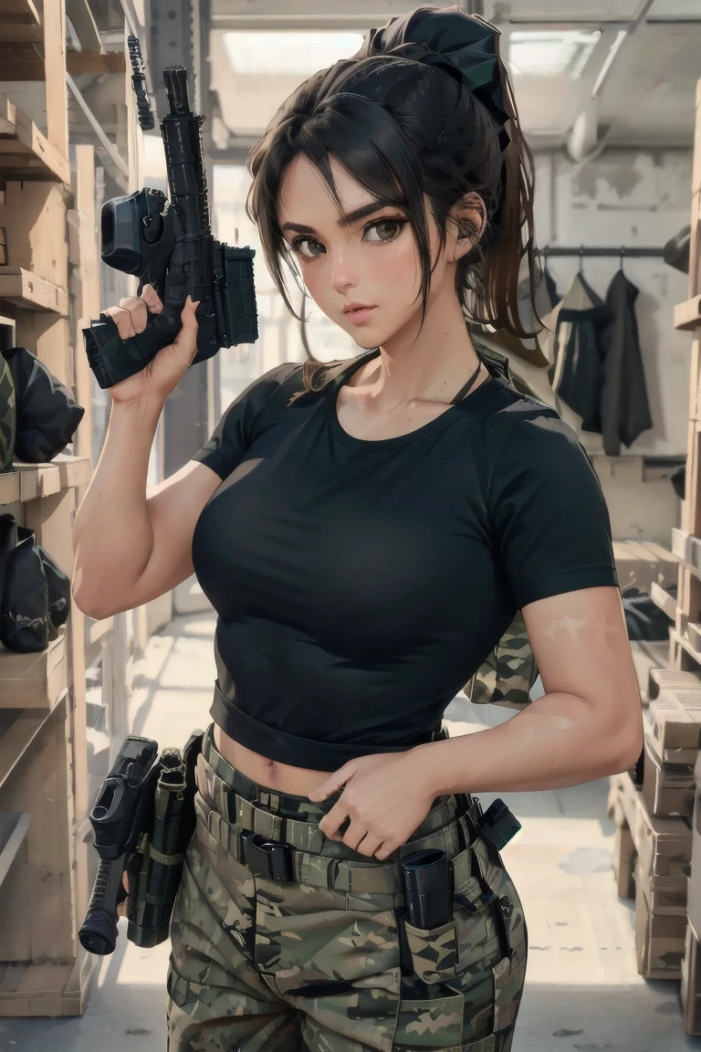 military girl, brown ponytail, black tshirt, baggy military camo pants, slim waist, best quality, indoor shooting range, practice, holding m4a1, sweating, after training, looking at viewer,