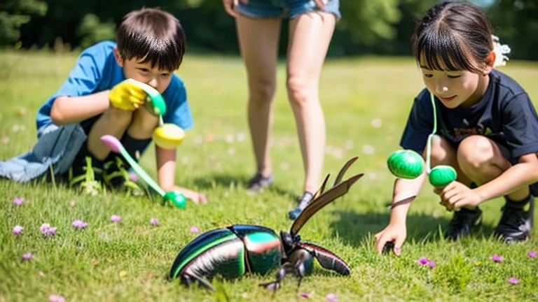 Children playing with beautiful stag beetles in the grassland、Children playing with beautiful stag beetles in the grassland、