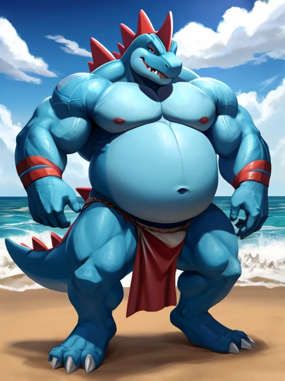 Pokemon Feraligatr, surfer, huge gut, arms crossedd, loin cloth, ,