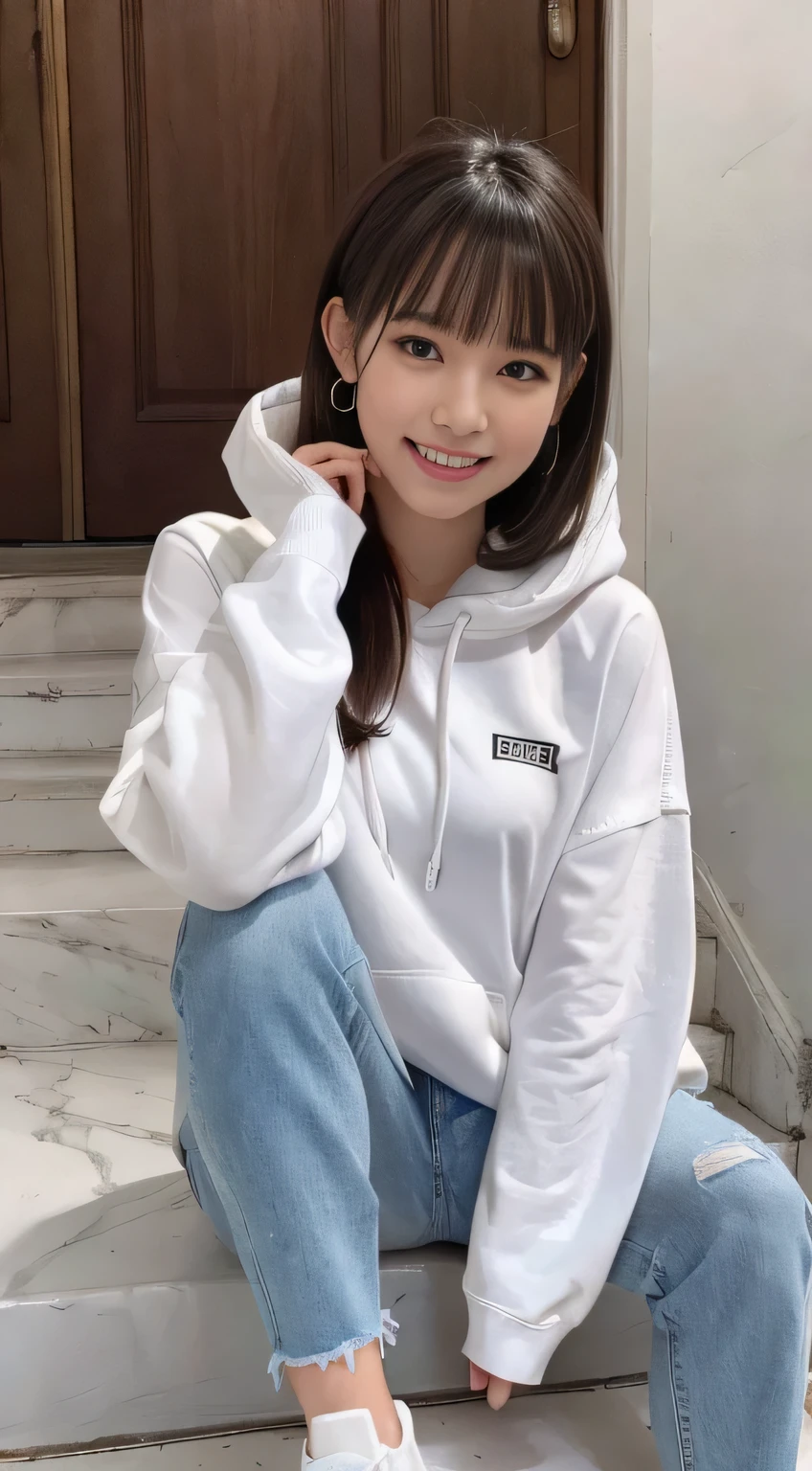 highest quality, Realistic, Very detailed, Finer details, High resolution, 8k wallpaper, One beautiful woman,Sit on the stairs、（Wear black socks）smile、（Beautiful teeth alignment、）（Gums are visible） Oversized hoodie, Skinny jeans,（ Black sneakers）、Black Hair、 Beautiful Bangs、ear piercing、Perfect dynamic composition, Beautiful and detailed, Full Body Shot, A big smile brown hair