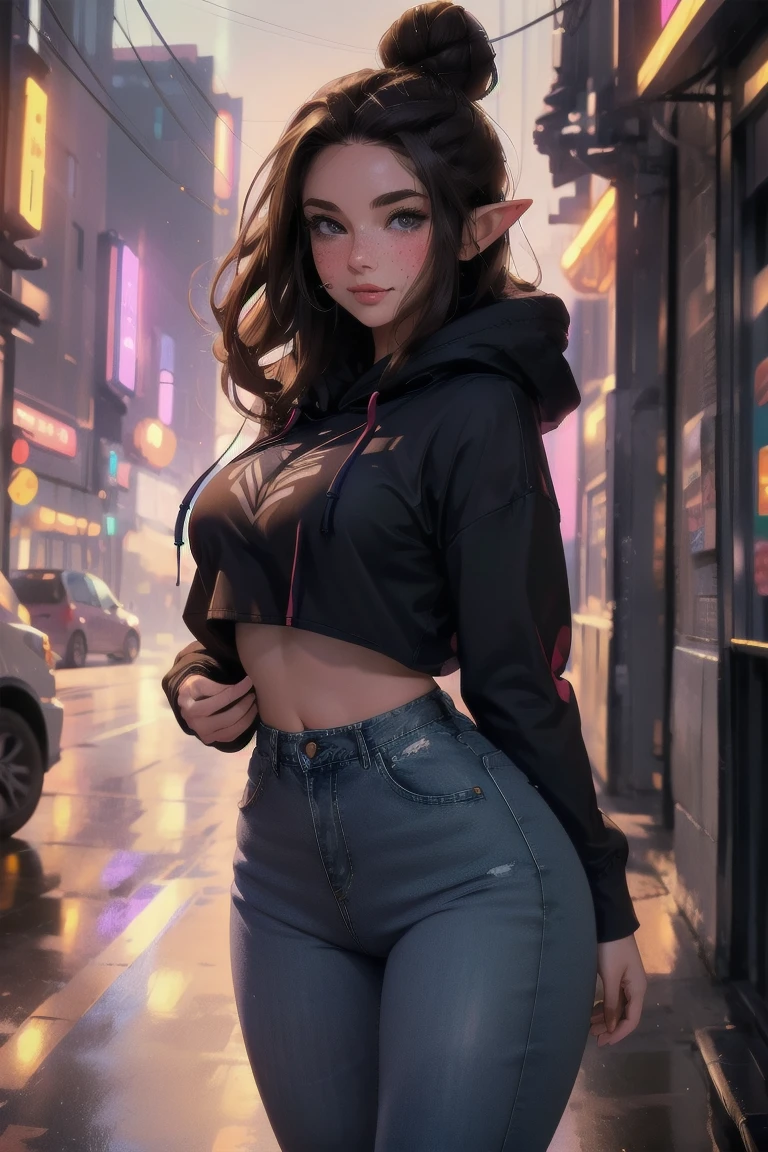 (elf girl), master piece, blushing, freckles, wide hips, slim waist, thick thighs, masterpiece, best quality, sfw, mature 36 year old woman, brown hair, moist face, wavy hair, mouth open, shiny. lips, beutiful round eyes, cyberpunk background, Waist high jeans, tight jeans, tall skyscraper background, bladerunner background, large hoodie, thick hoodie, Beautiful face, perfect face, deep eyes, elf ears, excited, happy, smiling, cropped hoodie, hairbun